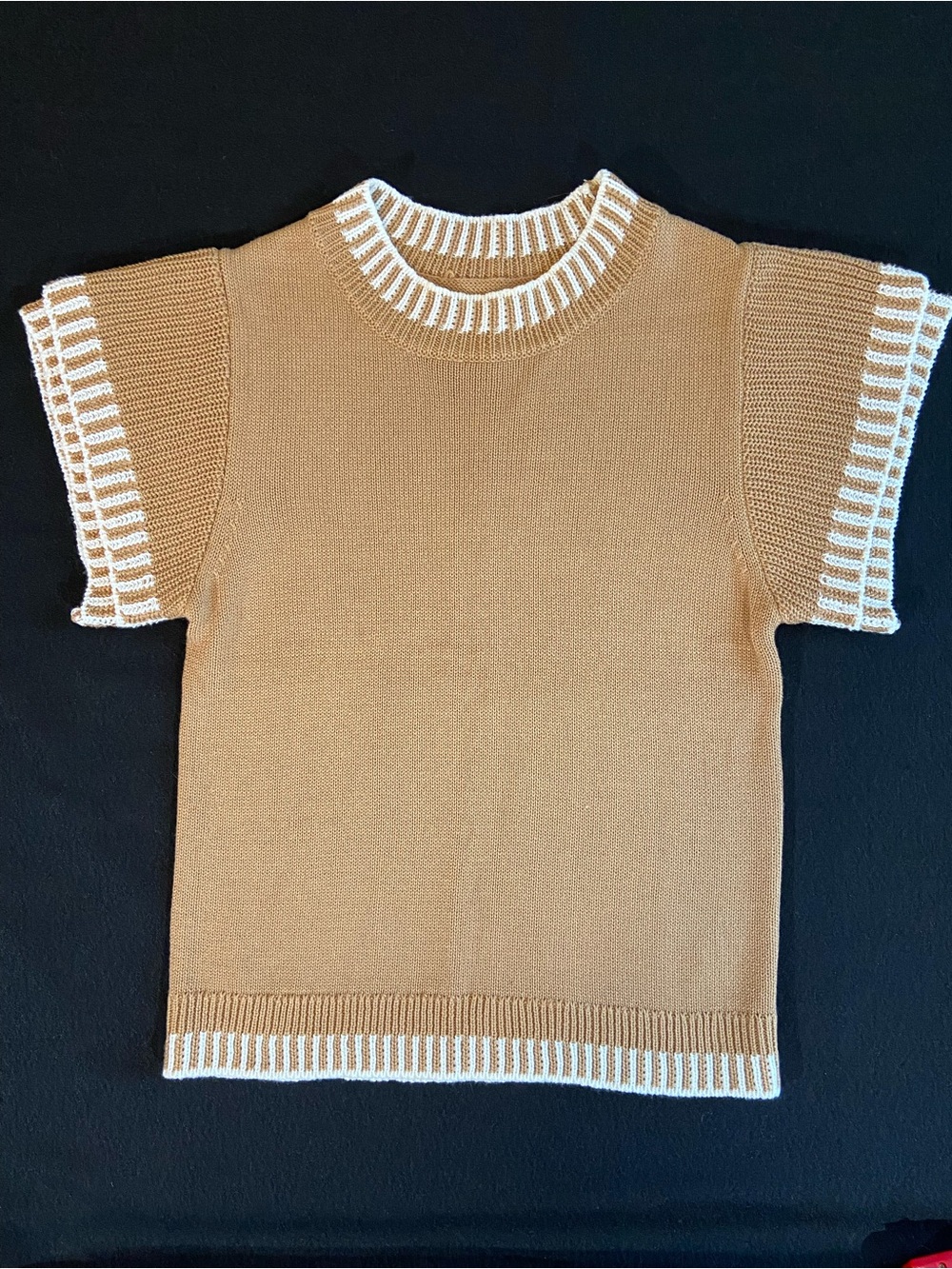 Womens Short Sleeve Knit Top in Camel with White Trim